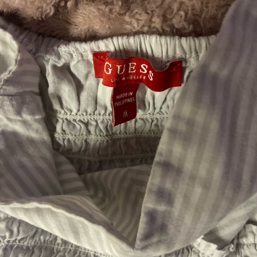 GUESS Light Blue and White Striped Smocked Top